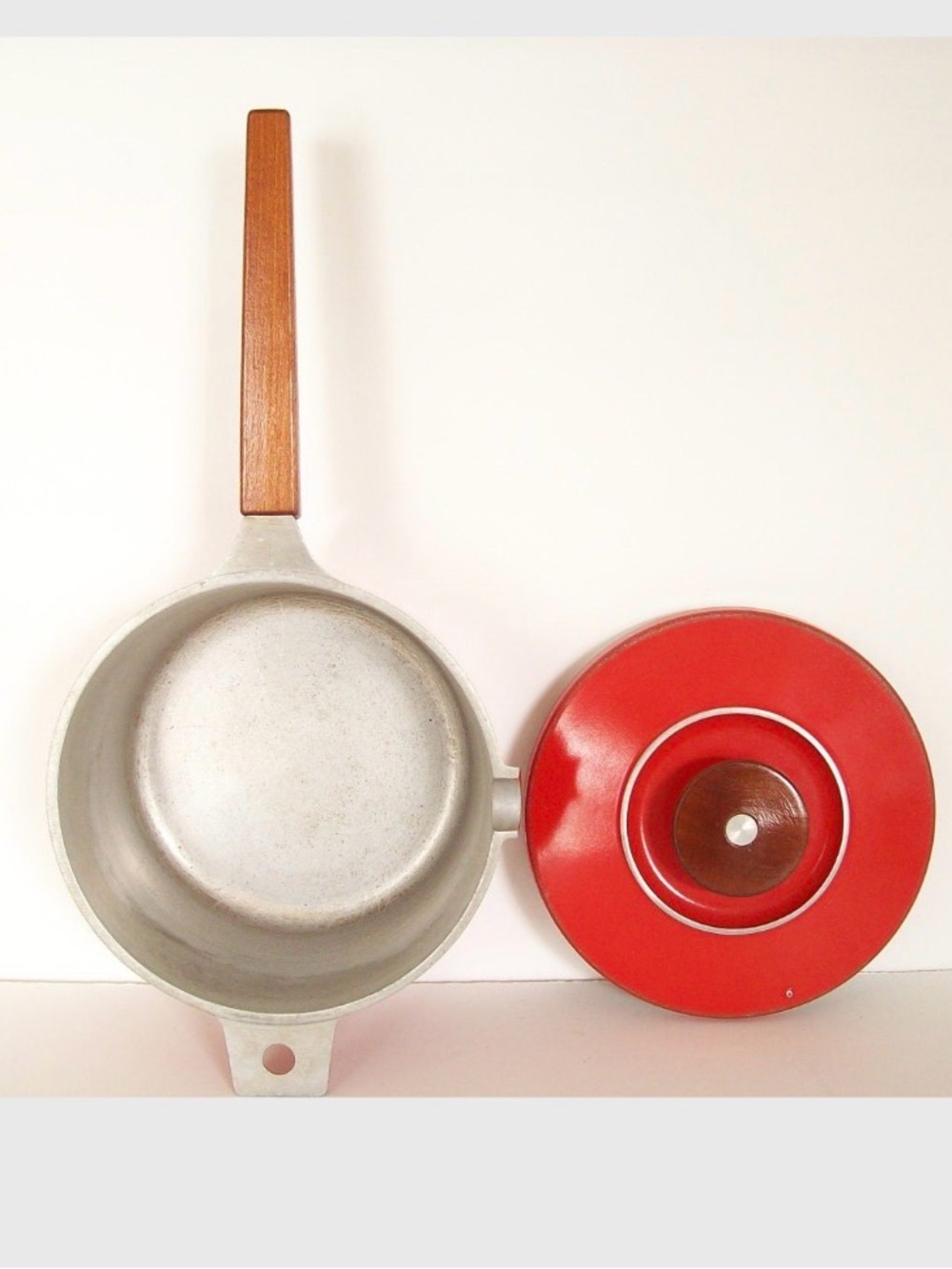 MID-CENTURY MODERN Red Saucepan with Teak Wood Handles MCM Vintage Cookware Pot